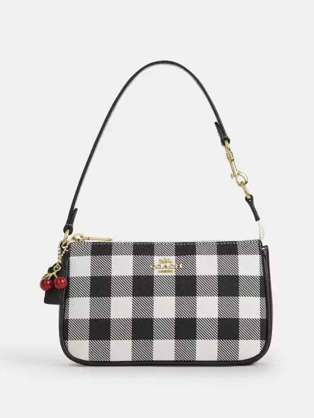 Coach nolita 19 with gingham print and charm. gold/black/multi. cen01.